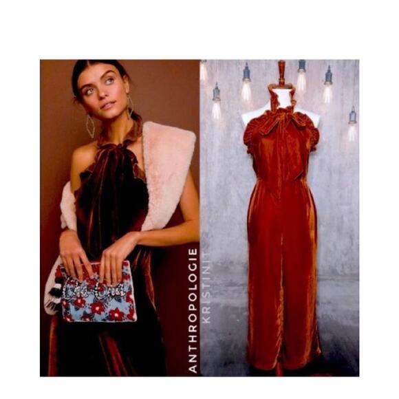 Anthropologie Kristinit Velvet Jumpsuit Rust
Orange Brown Copper Ruffle Halter L - Picture 5 of 12